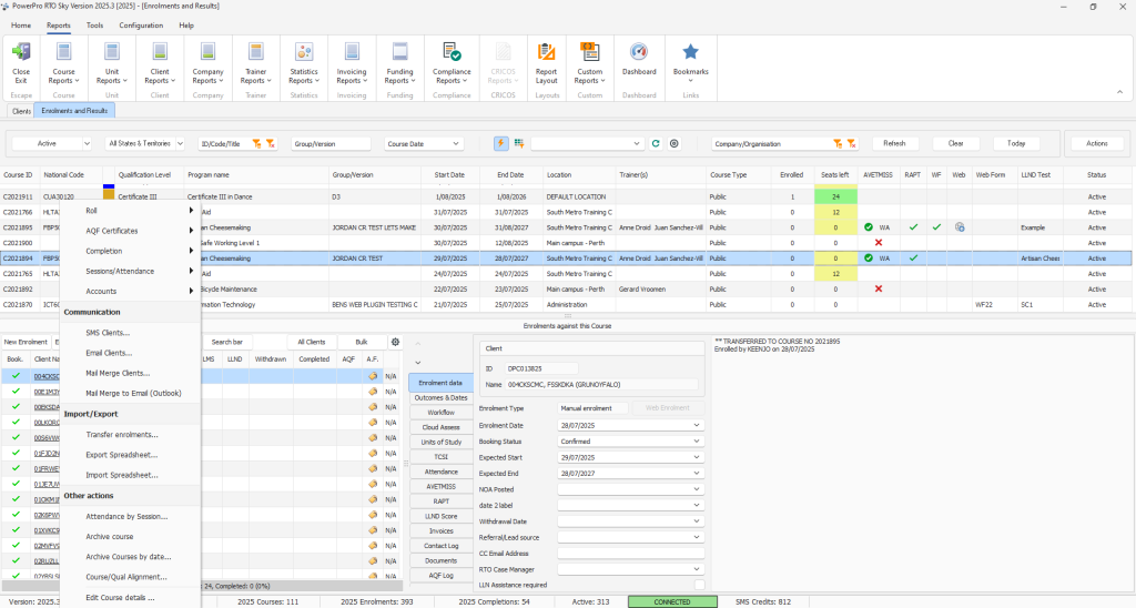 Enrolments and Results dashboard with course and student data.