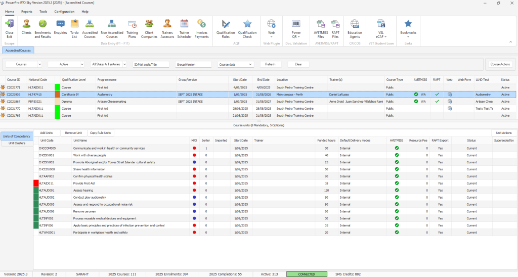 List of accredited courses and unit details with trainer assignments.