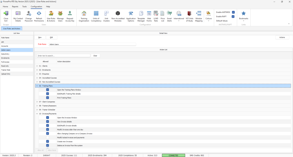 User roles configuration screen showing access permissions.